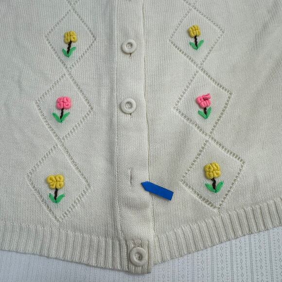 Vintage White Hand Embroidered Rosebud Knit Cardigan Sweater Cottagecore Grandma - Picture 6 of 6